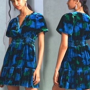 Anthropologie The  Somerset Collection Velvet Mini Dress  blue/green NWT Small